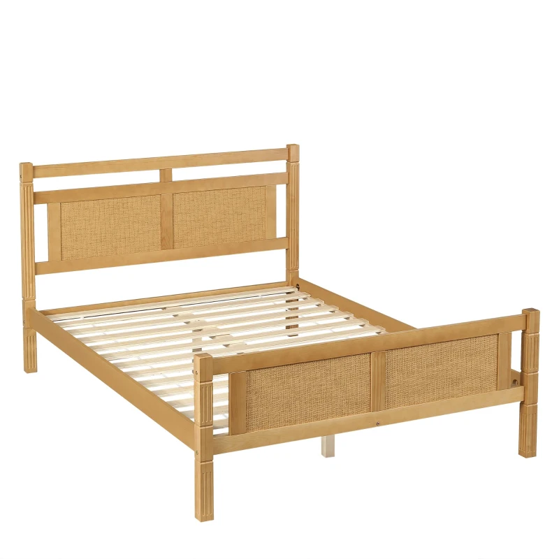 4ft6 Double Bed with Natural Timber Finish and MDF Back Panel, Upholstered Bed with Sturdy Plywood Slats, 199L x 142W x 98H cm, Natural