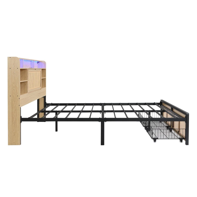 4ft6 Wooden Double Bed with LED Strip Light and Headboard Storage, Storage Bed with Charging Port, 208L x 137.5W x 104.5H cm, Natural+Black