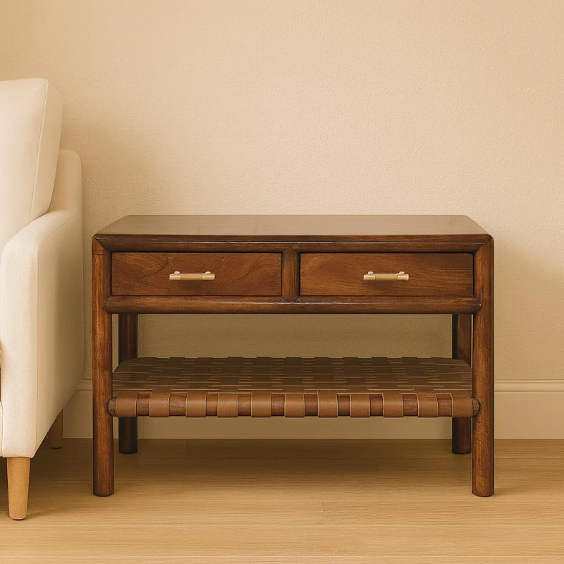 Solid Mango Wood Regency Woven Console Table with 4 Drawers, Desk for Display and Easy Organisation, 55L x 85W x 45H cm, Brown