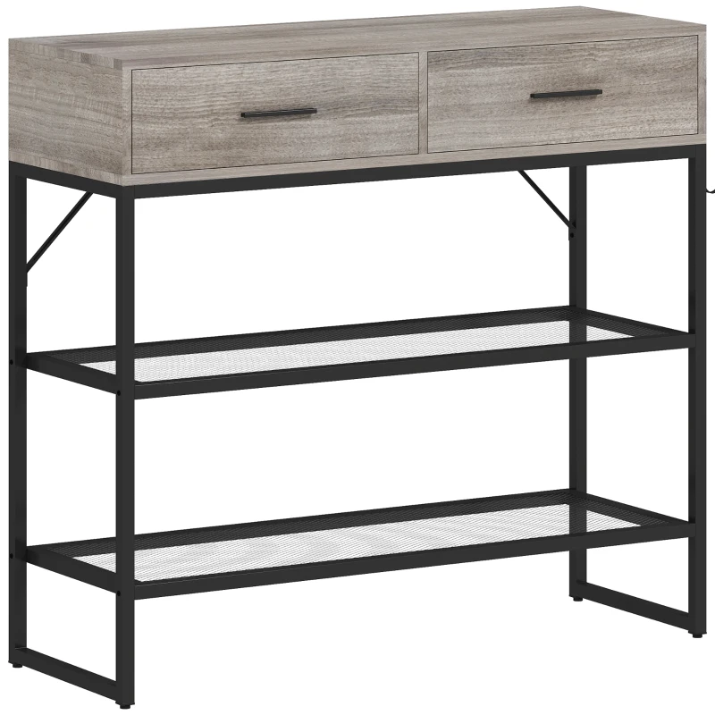 HOMCOM Consolle da Ingresso con 2 Cassetti, 2 Ripiani e Gancio Laterale, in Legno e Metallo, 100x35x92 cm, Nero e Legno