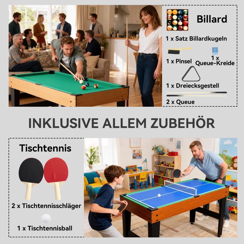 SPORTNOW 5-in-1 Multispiel-Tisch, 53 Zubehör-Teile, Tischfußball, Tischhockey , Tischtennis, Billard, Basketball, Walnuss