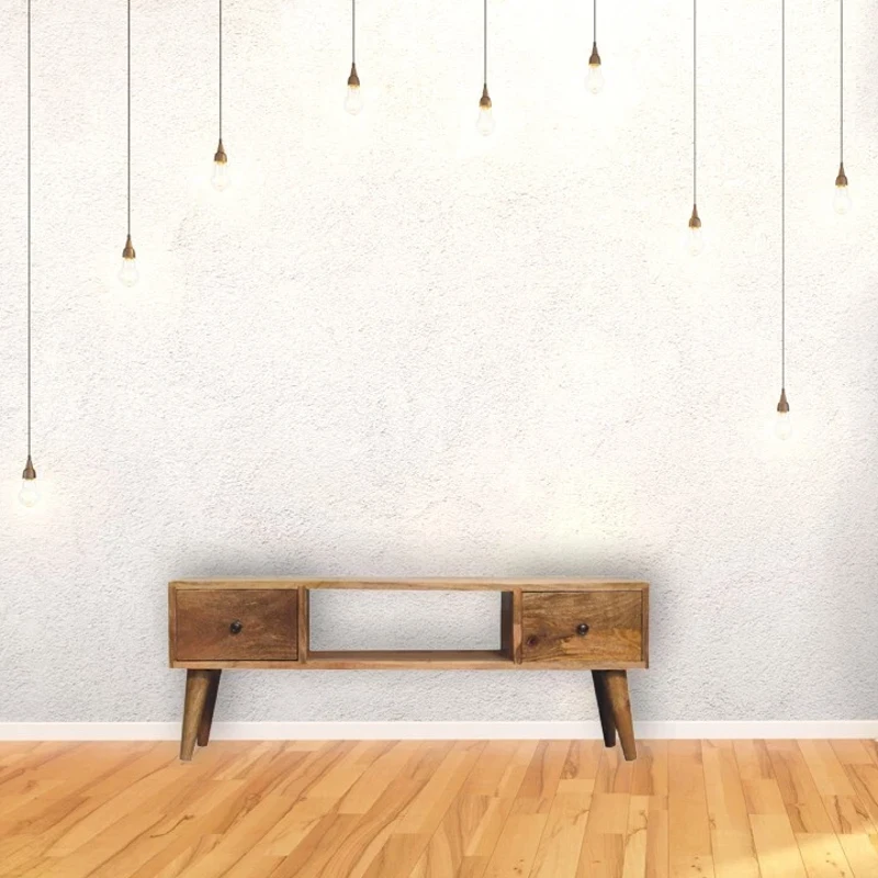 Solid Mango Wood Coffee Table with Deep Stain Finish, 2 Drawers and Open Shelf, Handcrafted Desk for Living Room, 30L x 100W x 38H cm, Brown