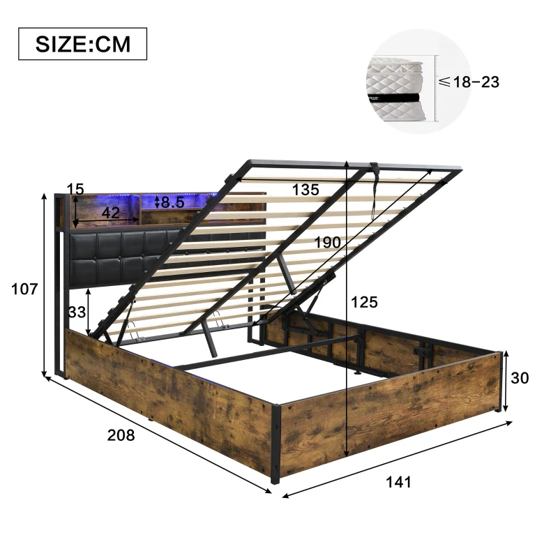 Hydraulic Storage Bed with Charging Sockets and LED Strip, Double Bed with Hydraulic Storage, 208L x 141W x 107H cm, Black+Neutral
