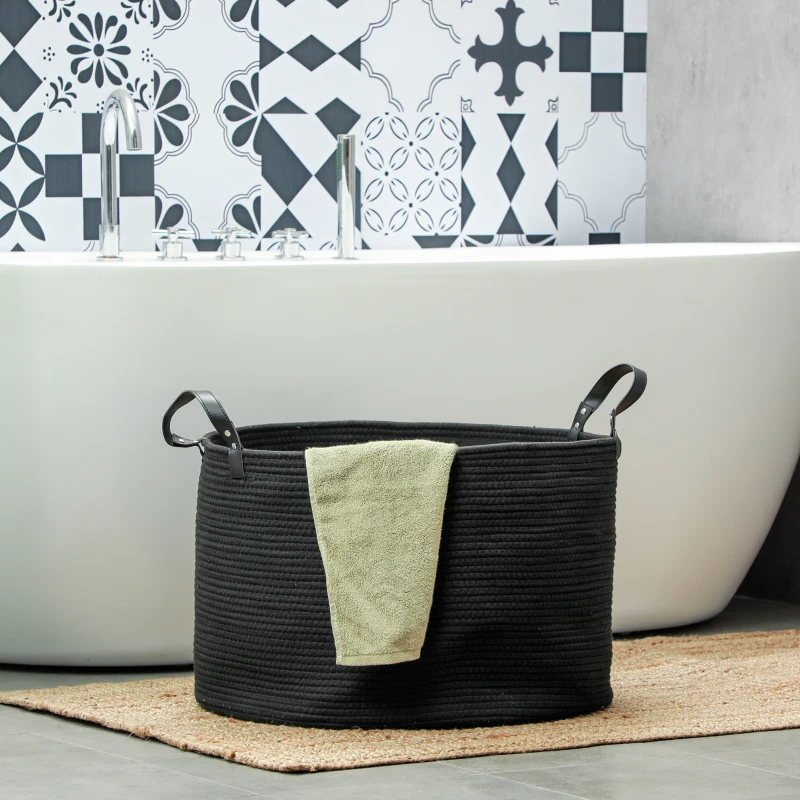 HOMCOM Panier à linge 88L, corbeille à linge en coton avec poignées pliable, 56 x 35,5 cm, noir