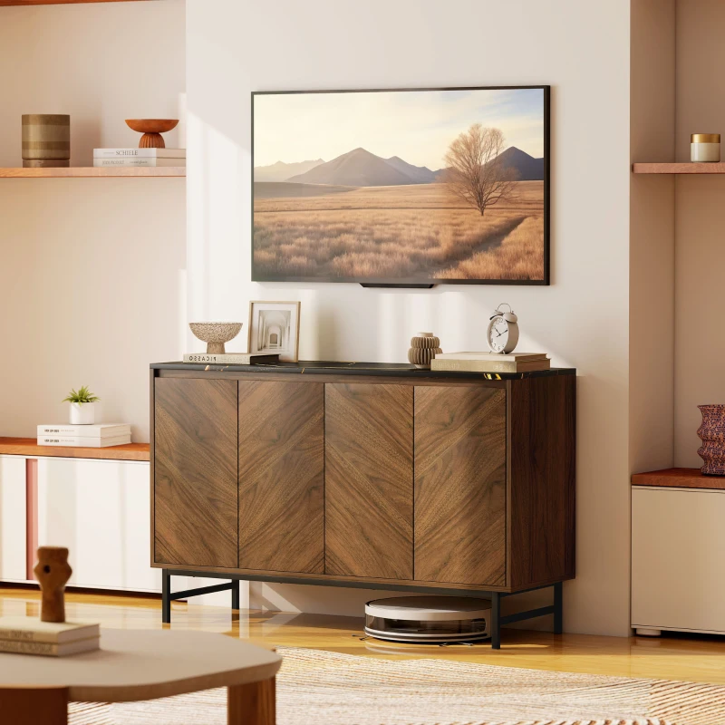 HOMCOM Meuble TV, meuble télé avec 4 portes, plateau effet marbre, étagères réglables, 120x39x76cm, noyer