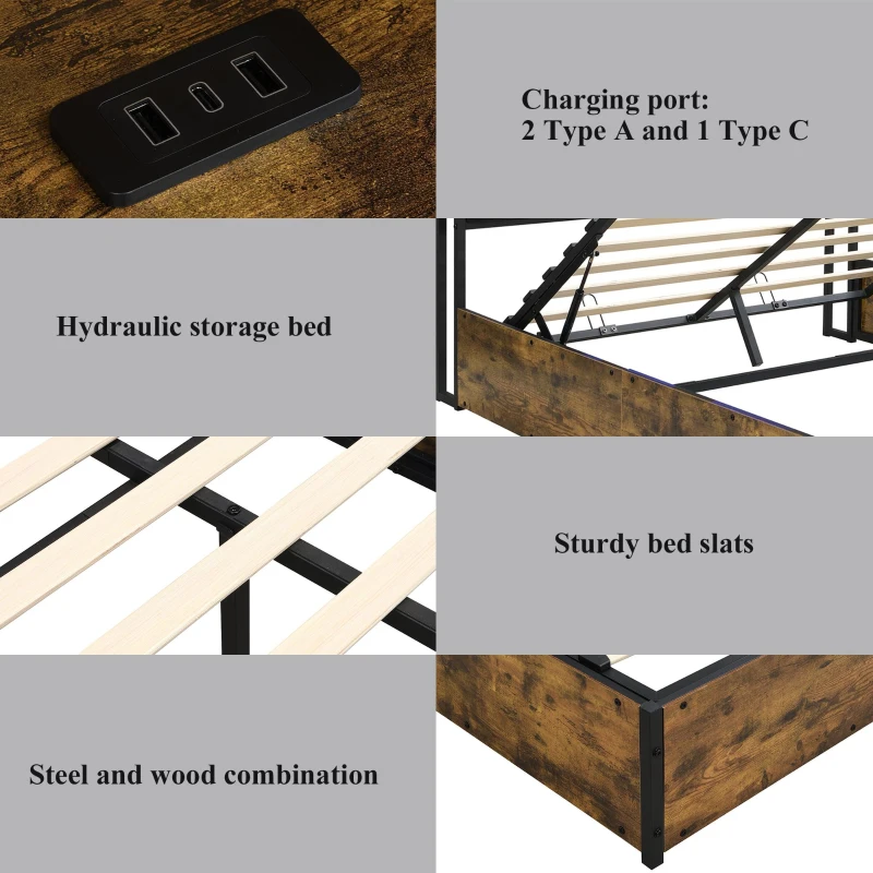Hydraulic Storage Bed with Charging Sockets and LED Strip, Double Bed with Hydraulic Storage, 208L x 141W x 107H cm, Black+Neutral