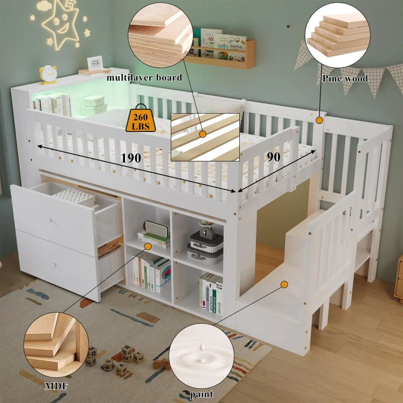 3ft Single Wooden Storage Bed with Headboard Storage and Colourful LED Strips, Single Bed with 2 Drawers, 262L x 95W x 120H cm, White