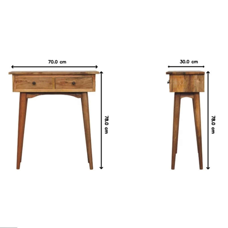 Solid Mango Wood Mini Console Table with Oak-effect Finish, 2 Smooth-Gliding Drawers, Desk with Circular Silhouette, 30L x 70W x 78H cm, Brown
