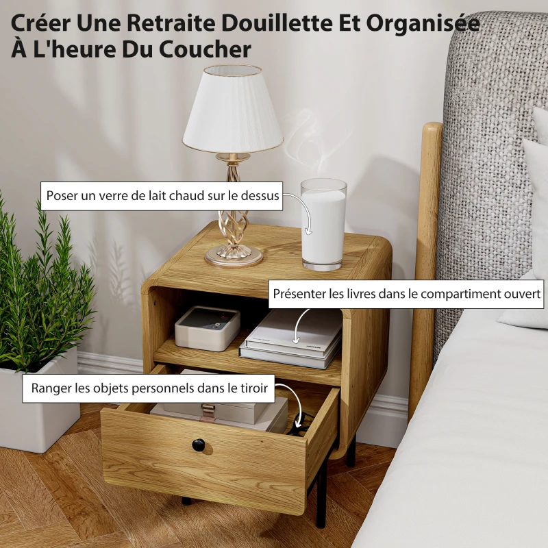 HOMCOM Table de chevet étroite table d'appoint compartiment ouvert et 1 tiroir pieds en acier 40 x 36 x 50 cm, effet bois chêne