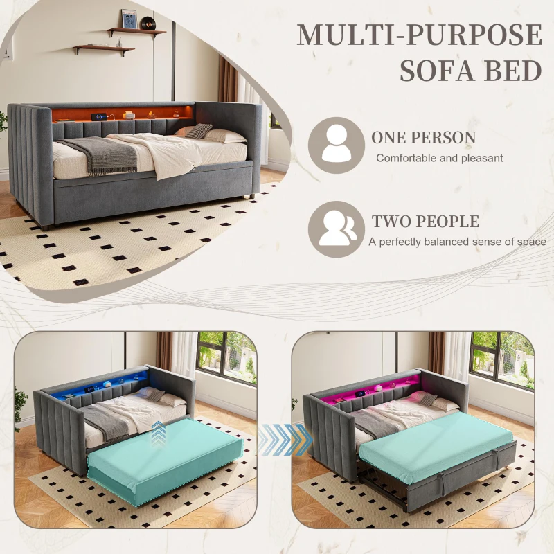 Space-Saving Pull-Out Double Bed with USB Type-C Charging and LED Lighting, Sleeper Sofa with Sturdy Wood, 201L x 100W x 73H cm, Dark Gray
