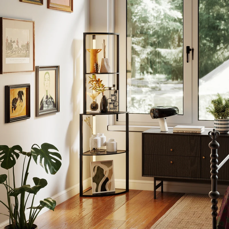 HOMCOM Candeeiro de Pé para Sala Candeeiro com Prateleiras de Canto de 4 Níveis Luminosidade Ajustável 55,5x39,5x163 cm Preto