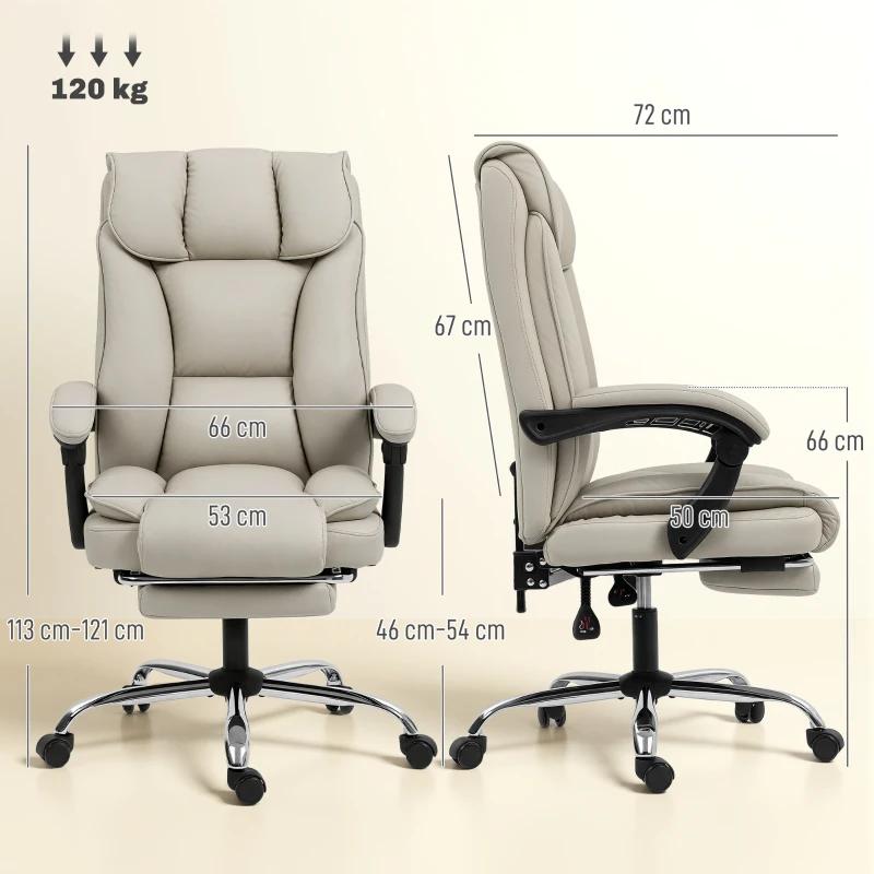 HOMCOM Silla de Escritorio con Reposapiés Respaldo Reclinable Acolchado Grueso Tapizada en Cuero Sintético Caqui