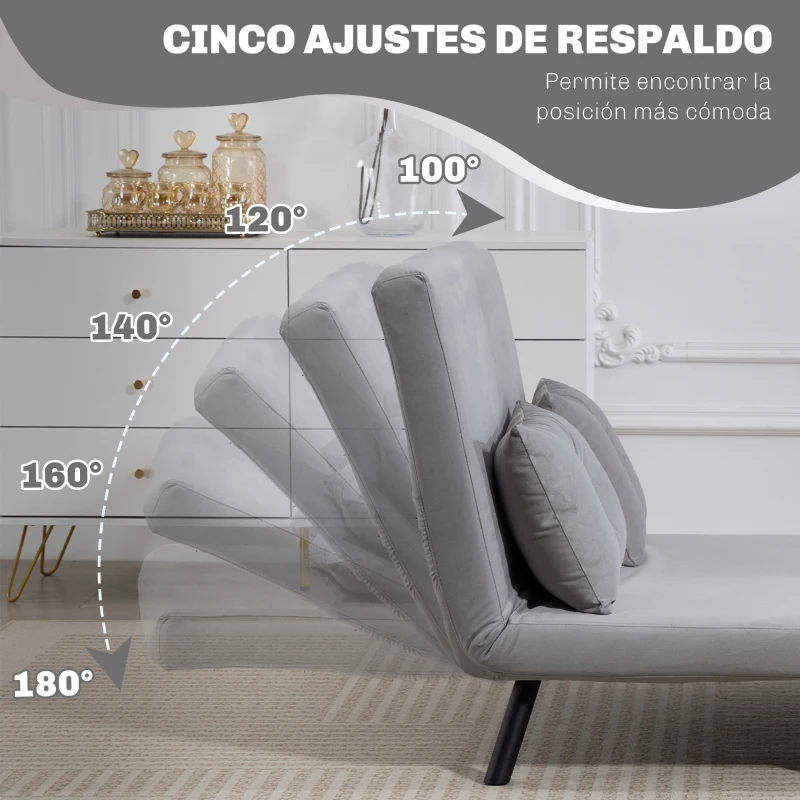 HOMCOM Sofá Cama Convertible 4 en 1 Sofá Cama 2 Plazas Plegable Respaldo Ajustable de 5 Niveles Almohadas 102x73x81cm Gris