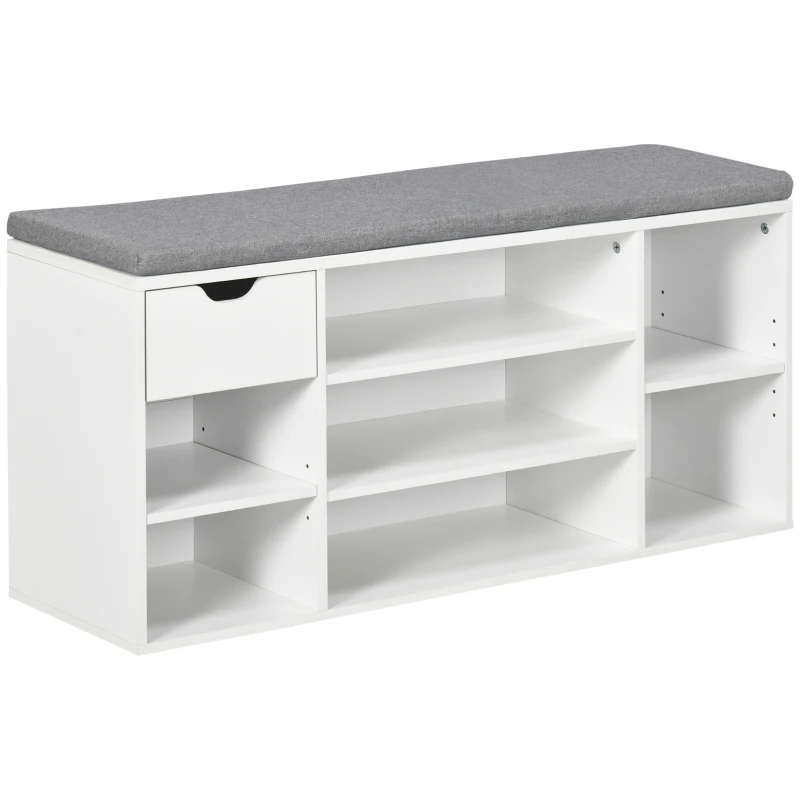 HOMCOM Banco para Sapatos com Almofada de Assento Compartimentos Abertos e Gaveta 101x29x47,5 cm Branco e Cinza