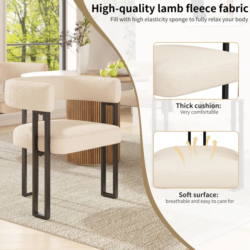 2-Piece Flannel Fabric Dining Chairs with Curved Backrest and Thick Plush Seat, Kitchen Chairs with Metal Legs, 51.5L x 54W x 72H cm, Beige