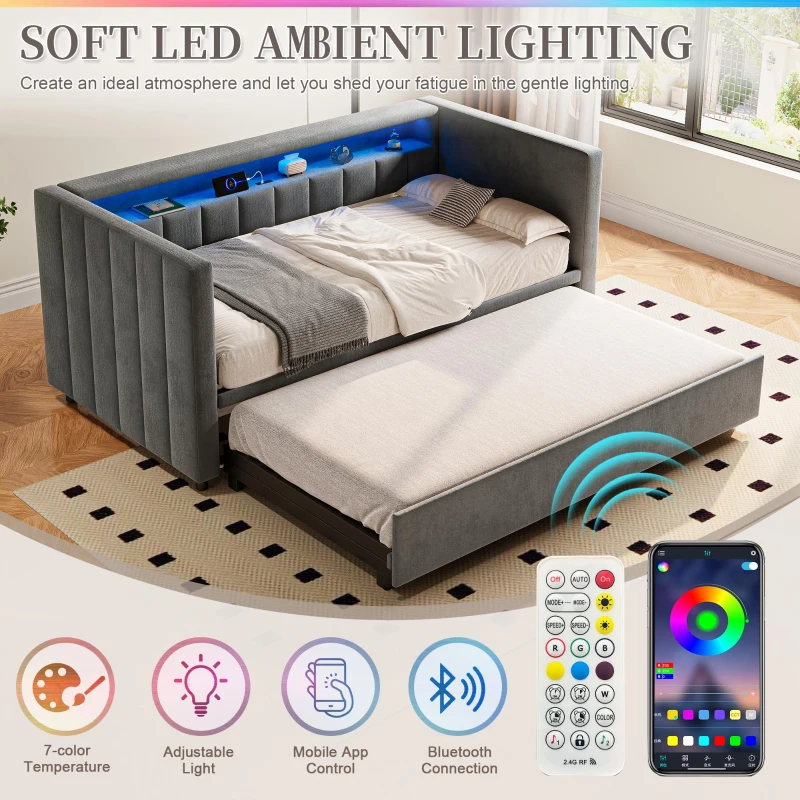 Space-Saving Pull-Out Double Bed with USB Type-C Charging and LED Lighting, Sleeper Sofa with Sturdy Wood, 201L x 100W x 73H cm, Dark Gray