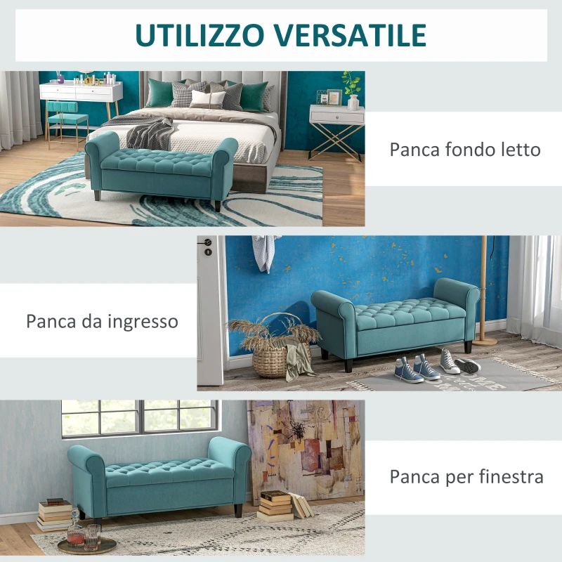 HOMCOM Panca Fondo Letto in Tessuto Vellutato con Vano Contenitore e Braccioli, 126x48.5x57 cm, Verde