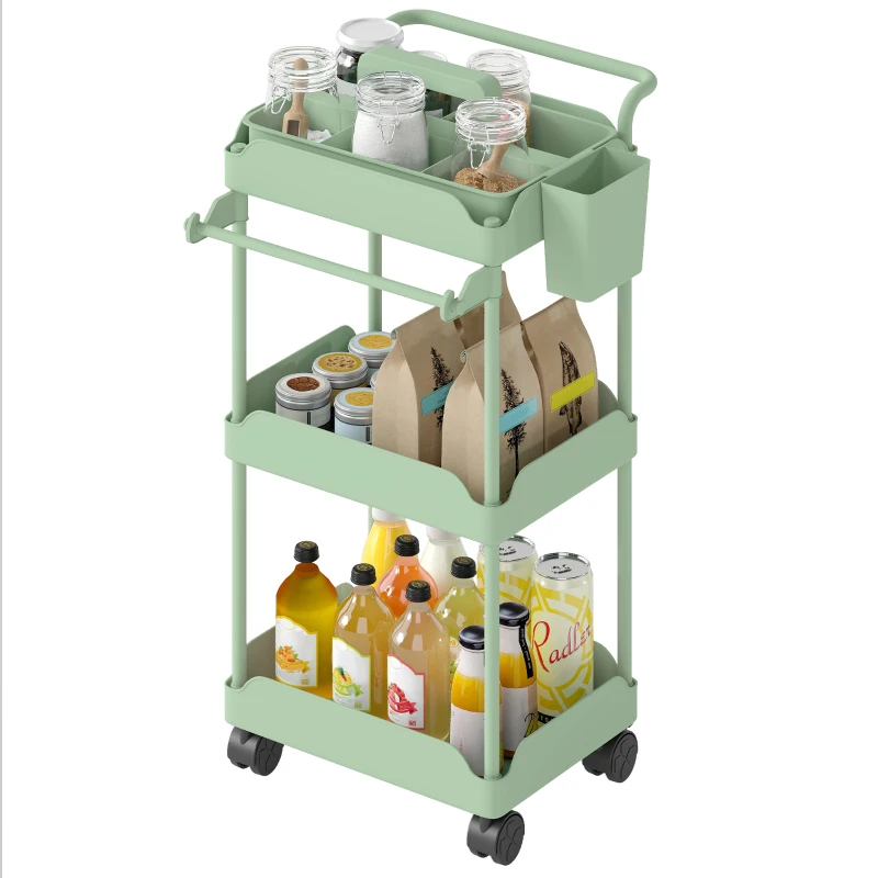 HOMCOM Carrito Auxiliar con Ruedas de 3 Niveles Carrito de Cocina con Cestas Extraíbles y Soporte para Toallas Verde