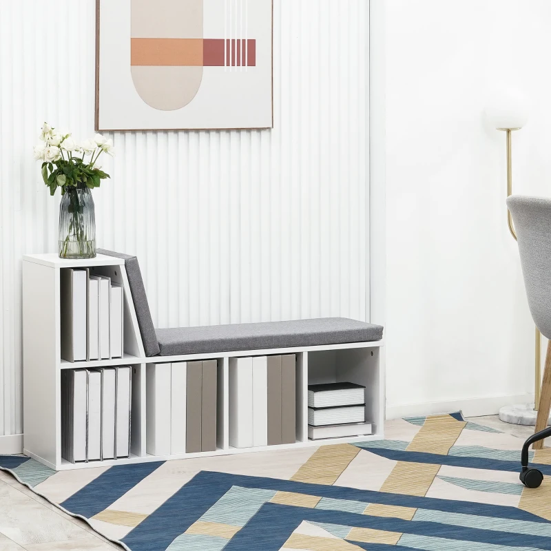 HOMCOM Bookcase Storage Shelf with Cushioned Reading Seat, Bookshelf Storage Cabinet for Study Living Room, White