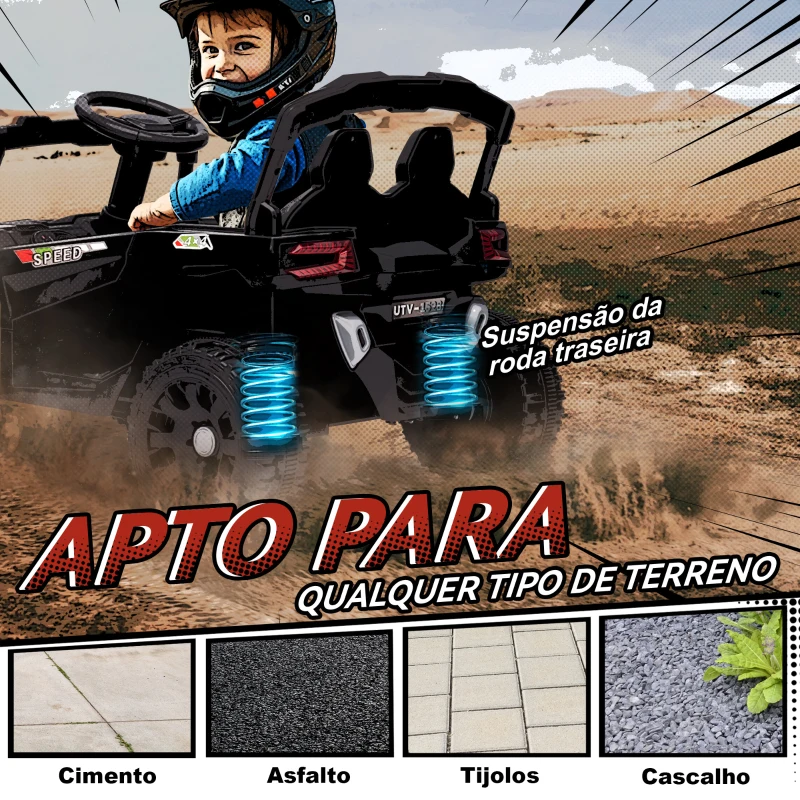 AIYAPLAY Carro Elétrico para Crianças 12V com 2 Motores Suspensão Traseira Faróis e Música 88x57,5x55,5 cm Preto