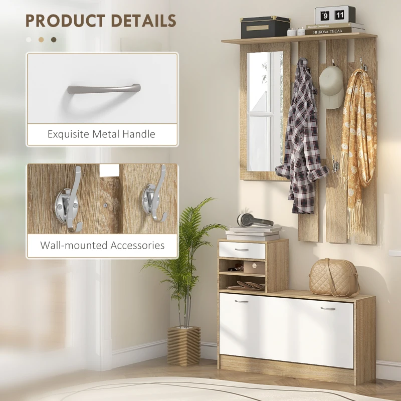 HOMCOM Three-in-One Hallway Storage Set - Natural Wood Finish/White