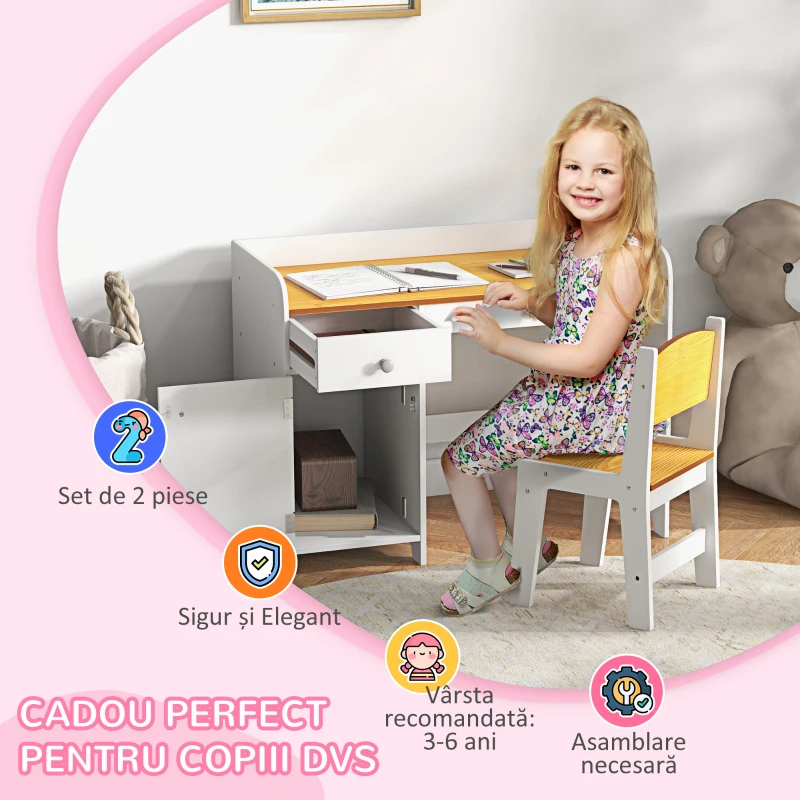 ZONEKIZ Masa de birou  pentru copii cu scaun birou de scoala pentru copii din lemn sertar scaun asortat alb pentru scoala mobilier camera copilului birou pentru copii mici(m-6)