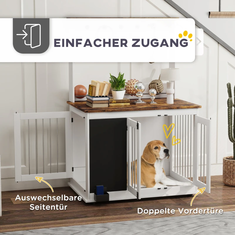 PawHut Hundebox mit Aufbewahrungsregal für Spielzeug, Haken für Leinen, Schreibtafel, Radiergummi, für große Hunde, Weiß(m-6)