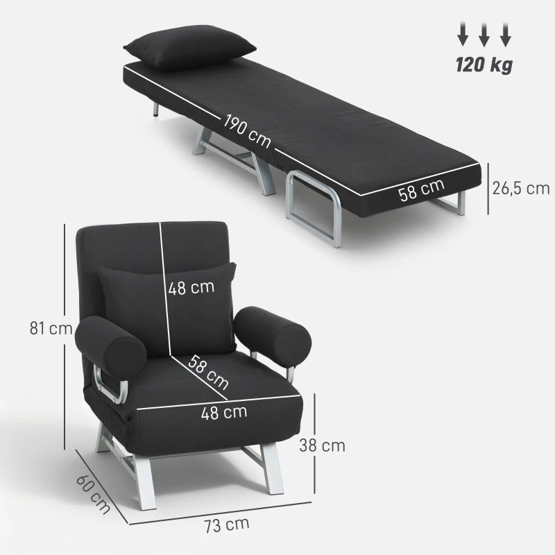 HOMCOM Poltrona 3 em 1 Sofá Cama Individual Almofadas Lombar e de Braços Base Metálica Linho 73x78x81 cm Preto