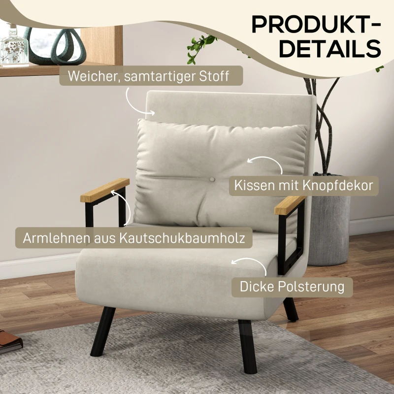 HOMCOM Relaxsessel im Skandidesign, Liegesessel, Lesesessel. ink. Kissen mit Knopfhefung, Cremeweiß