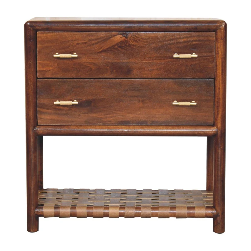 Solid Mango Wood Bedside Table with Regency‑Style Woven Detailing, Desk with 2 Smooth‑Gliding Drawers and Open Shelf, 35L x 75W x 80H cm, Brown