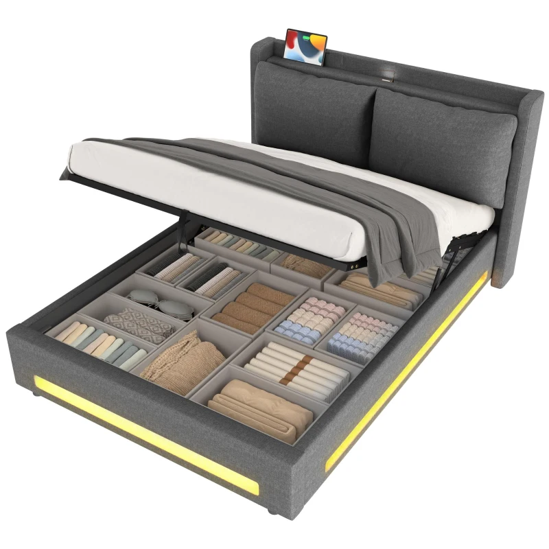 Modern Upholstered Bed with Headboard Shelf and Dual USB‑C Ports, Double Bed with LED Lighting, 142.5L x 200W x 114H cm, Dark Gray