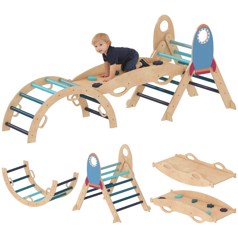 AIYAPLAY 7 en 1 Triángulo de Escalada Montessori de Madera Tema de Cohetes con Arco y Rampa para Niños de 18-48 Meses Azul