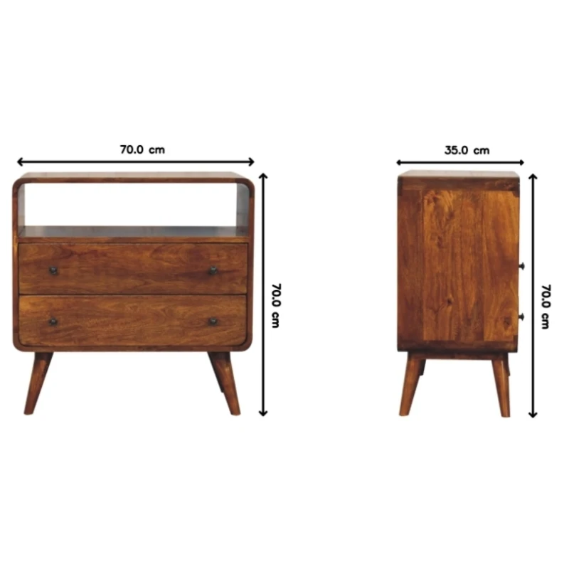 Solid Mango Wood Curved Nordic Bedside Chest with 2 Smooth-Gliding Drawers, Open Shelf, Table with Slim Nordic Legs, 35L x 70W x 70H cm, Brown