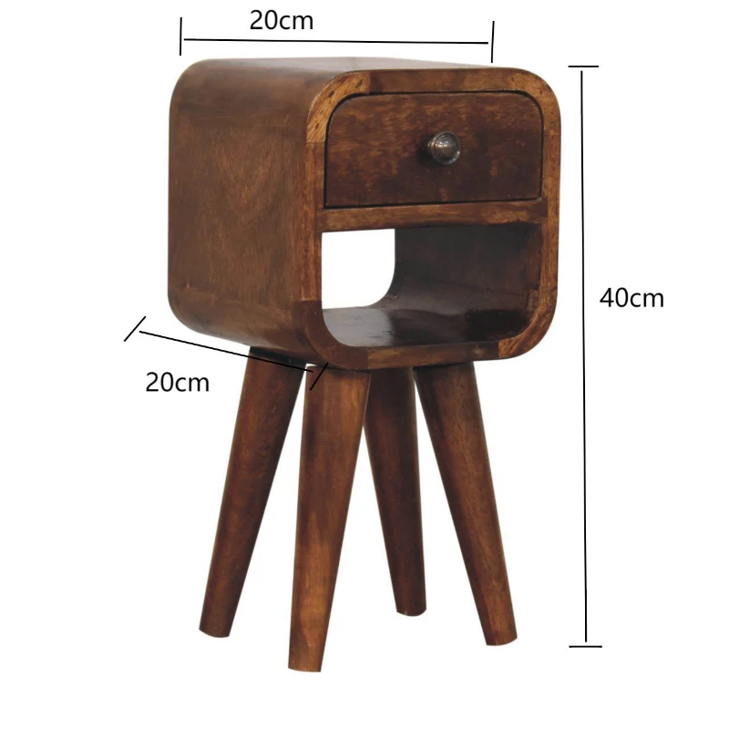 Solid Mango Wood Mini Bedside Table with Drawer, Open Shelf, Curved Lower Shelf, Desk with Solid Wood Construction, 20L x 20W x 40H cm, Brown