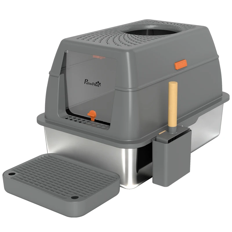 PawHut Caixa de Areia Fechada Casa de Banheiro para Gato Aço Inox Tampa Pedal Anti-Dispersão 60x40x38cm Cinza Escuro