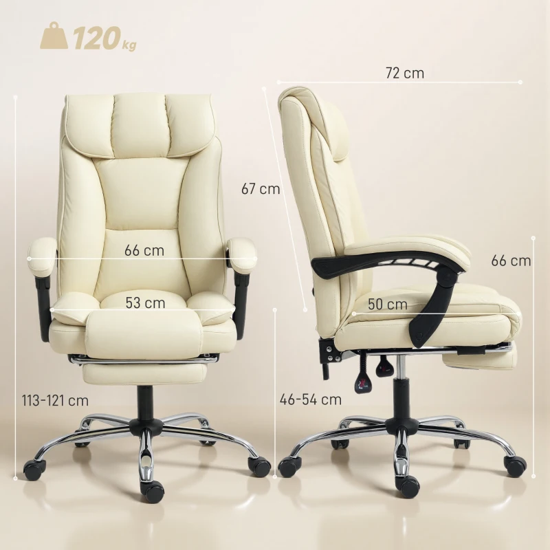 HOMCOM Silla de Escritorio con Reposapiés Respaldo Reclinable Acolchado Grueso Tapizada en Cuero Sintético Beige