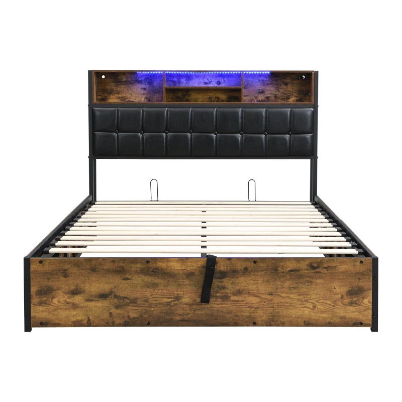 Hydraulic Storage Bed with Charging Sockets and LED Strip, Double Bed with Hydraulic Storage, 208L x 141W x 107H cm, Black+Neutral