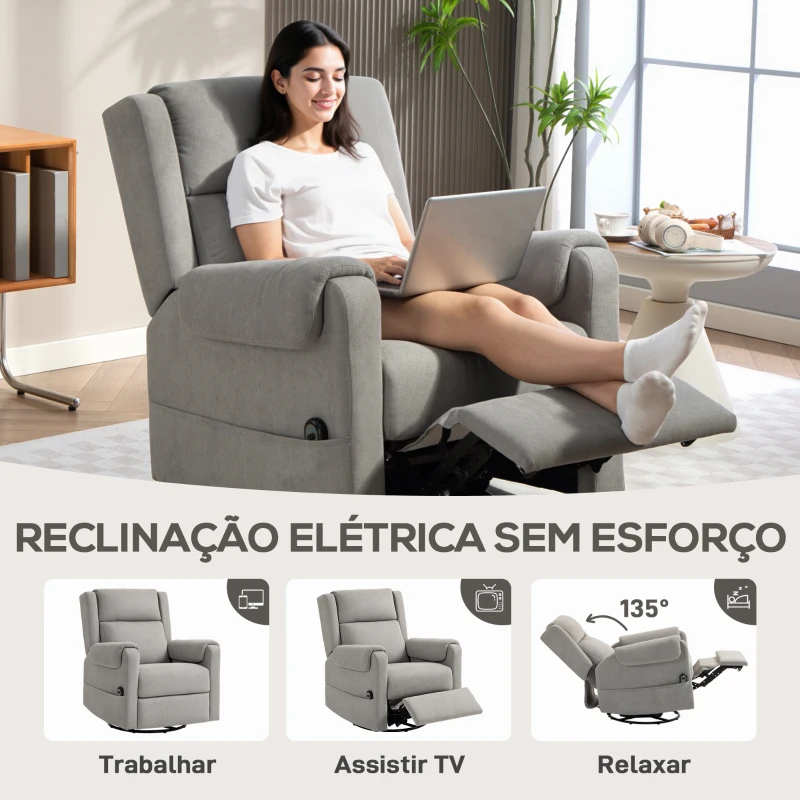 HOMCOM Poltrona Relax Reclinável Elétrica Giratória e Basculante com Apoio para os Pés Ajustável Controlo Remoto 86x89x99 cm Cinzento Claro