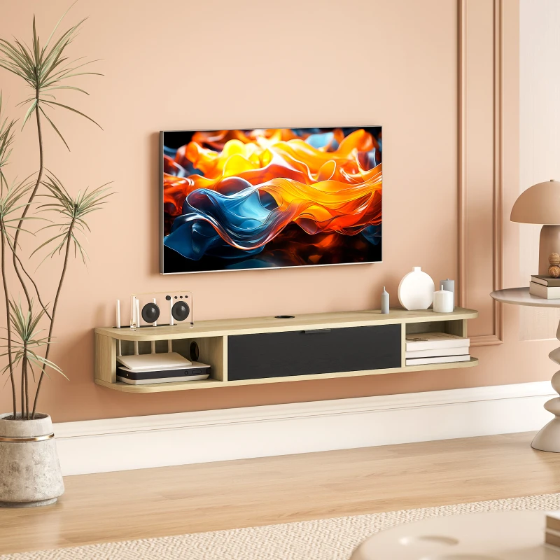 HOMCOM Móvel de Tv Suspenso 120 cm Móvel para Televisão Até 50" Gaveta Basculante 2 Prateleiras 120x24x16cm Madeira Natural e Preto