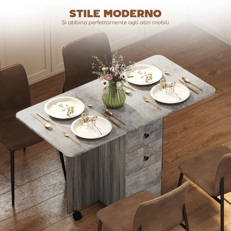 HOMCOM Tavolo Pieghevole con 2 Cassetti e Armadietto, 6 Rotelle e Freni, 120x60x76.5 cm, Grigio Legno e Roccia