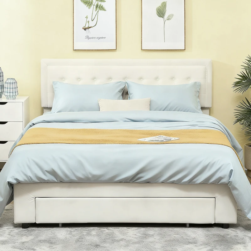 HOMCOM King Size Ottoman Bed Frame, with Front Drawer - Cream