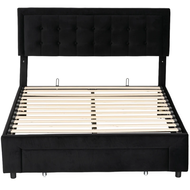HOMCOM Double Ottoman Bed Frame, with Front Drawer - Black