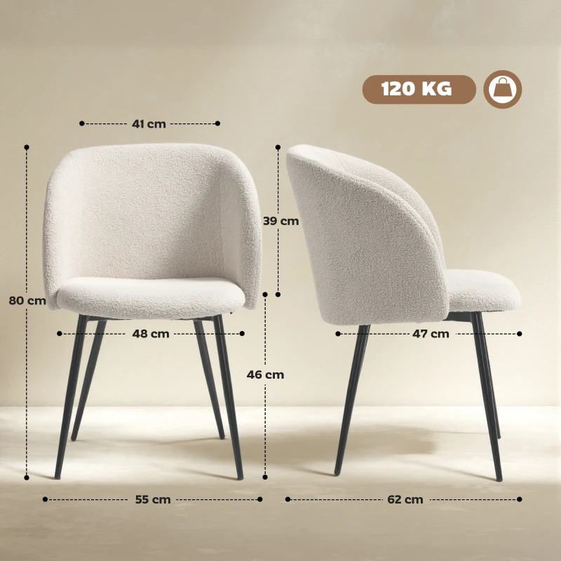 HOMCOM Lot de 2 chaises de salle à manger avec dossier en tissu effet laine boucleé pieds en acier 55 x 62 x 80 cm beige noir