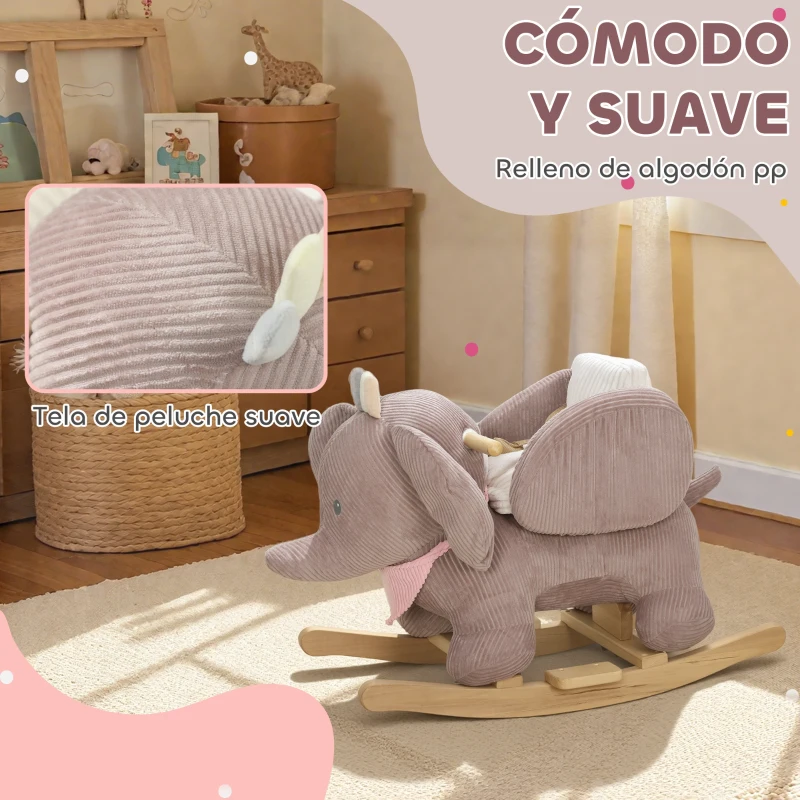 AIYAPLAY Caballito Balancín para Bebés con Sonido de Elefante y Cinturón de Seguridad de 3 Puntos Base de Madera Marrón