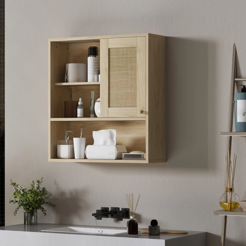 HOMCOM Armário de Parede Móvel Alto para Casa de Banho com Porta Deslizante em Vime e Prateleiras Abertas Madeira Natural