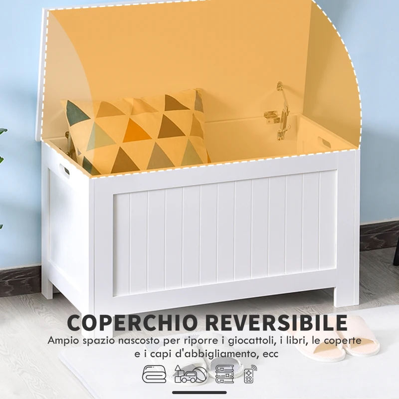 HOMCOM Panca Contenitore Multiuso in Legno MDF, 2 Maniglie e Apertura con Blocco di Sicurezza, 81x40x46cm, Bianco