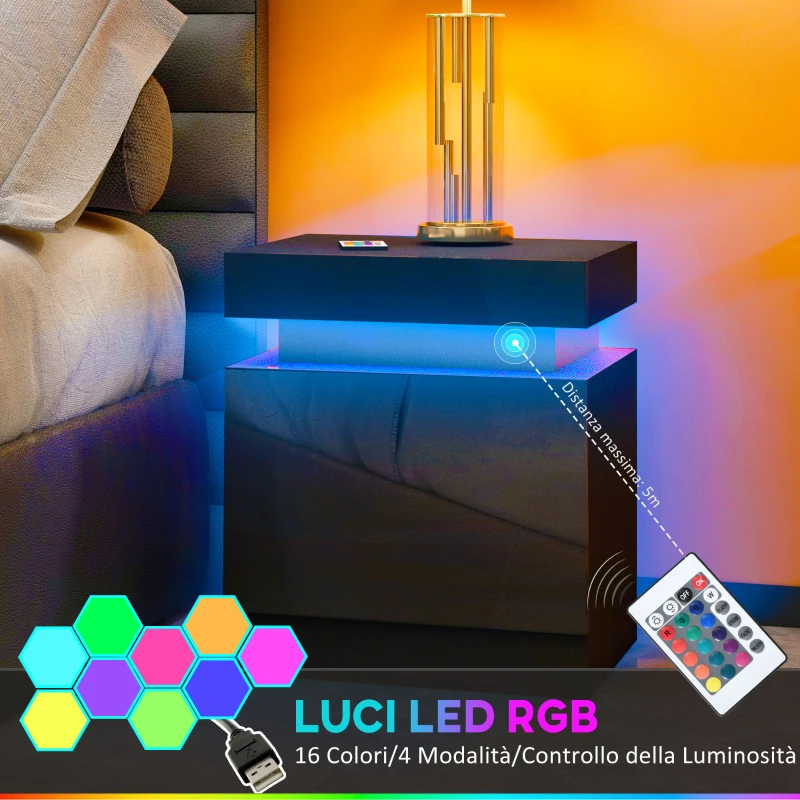 HOMCOM Comodino LED a 16 Colori e 4 Modalità con 2 Cassetti, in Legno, 45x35x52 cm, Nero
