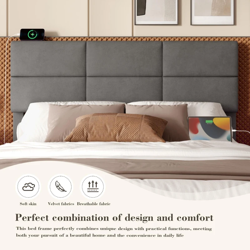 Modern Velvet Upholstered Bed with 3-Stage Adjustable Headboard, Double Bed with LED Lighting and USB, 155L x 202W x 115H cm, Dark Gray