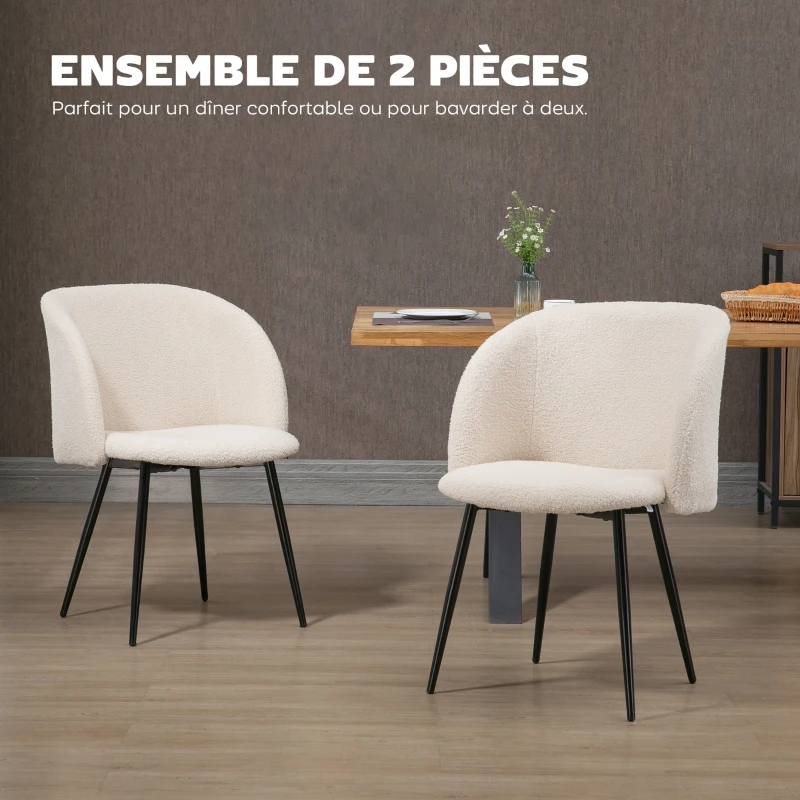 HOMCOM Lot de 2 chaises de salle à manger avec dossier en tissu effet laine boucleé pieds en acier 55 x 62 x 80 cm beige noir
