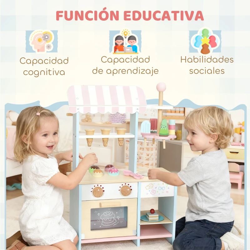 AIYAPLAY Heladería Pastelería de Madera 2 en 1 para Niños con Horno 17 Accesorios de Cocina Regalo para Niños y Niñas de +24Meses
